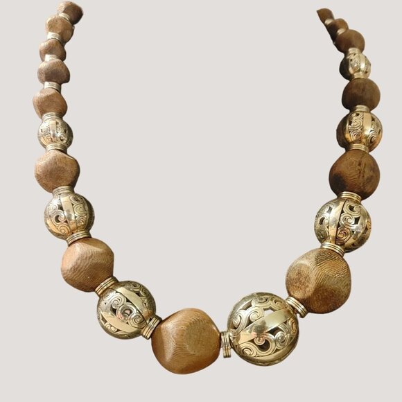 Brighton Kismet Brown Wooden and Silver-Tone Necklace Graduating Bead Chunky 18 - Picture 1 of 12